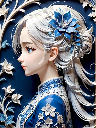 blue and white porcelain,blue chrysanthemum,artist doll,porcelain dolls,painter doll,suit of the snow maiden,blue snowflake,porcelain rose,porcelaine,royal icing,designer dolls,japanese art,japanese doll,blue and white china,chinese art,jasmine blue,doll's facial features,winterblueher,doll figure,the snow queen,Anime,Anime,General