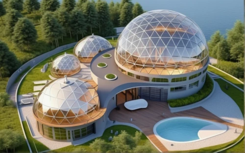 roof domes,eco-construction,solar cell base,eco hotel,futuristic architecture,musical dome,bee-dome,round house,luxury property,sky space concept,hahnenfu greenhouse,3d rendering,modern architecture,smart house,greenhouse cover,greenhouse effect,honeycomb structure,cubic house,dome roof,building honeycomb,Photography,General,Realistic