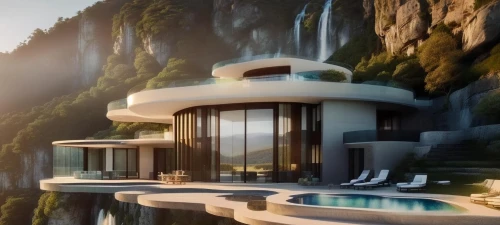 futuristic architecture,luxury property,futuristic landscape,luxury real estate,infinity swimming pool,beautiful home,floating island,jewelry（architecture）,modern architecture,luxury home,pool house,luxury hotel,modern house,house in mountains,house in the mountains,floating islands,house with lake,house by the water,luxury,aqua studio
