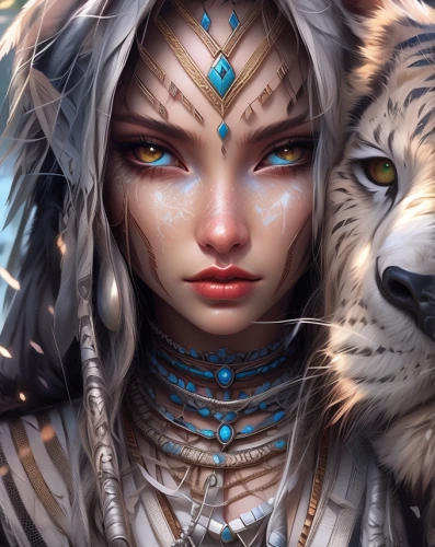 fantasy art,fantasy portrait,female warrior,warrior woman,shamanic,priestess,fantasy picture,artemisia,shaman,huntress,fantasy warrior,shamanism,lioness,two wolves,tribal,world digital painting,wolf,fantasy woman,kitsune,heroic fantasy