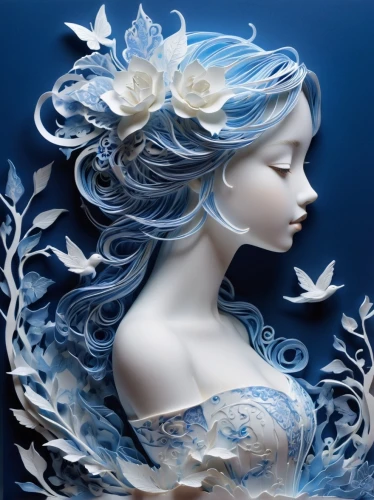 the snow queen,white rose snow queen,blue moon rose,blue and white porcelain,blue rose,blue enchantress,blue petals,faery,faerie,blue snowflake,ice queen,blue butterflies,porcelain rose,jasmine blue,fairy queen,moonflower,silvery blue,blue birds and blossom,the sea maid,ulysses butterfly,Illustration,Realistic Fantasy,Realistic Fantasy 37