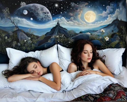 duvet cover,oil painting on canvas,honeymoon,sleeping room,bed linen,bedding,celestial bodies,blue pillow,dreamland,zodiacal signs,romantic night,dreaming,sleep,moon phase,twiliight,sleeping,two girls,dreams,art painting,good night,Illustration,Abstract Fantasy,Abstract Fantasy 14