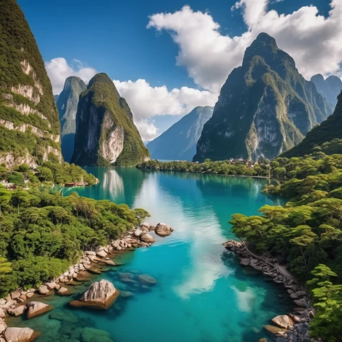 guilin,vietnam,teal blue asia,landscape background,river landscape,mountainous landscape,southeast asia,landscape mountains alps,beautiful landscape,halong bay,guizhou,landscapes beautiful,huashan,background view nature,beautiful lake,mountainous landforms,ham ninh,yunnan,heaven lake,viet nam