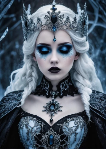 the snow queen,ice queen,white rose snow queen,ice princess,winterblueher,blue enchantress,white walker,eternal snow,suit of the snow maiden,elsa,queen of the night,celtic queen,frozen,swath,gothic woman,dark elf,fantasy woman,blue snowflake,gothic portrait,the blue eye,Illustration,Realistic Fantasy,Realistic Fantasy 46
