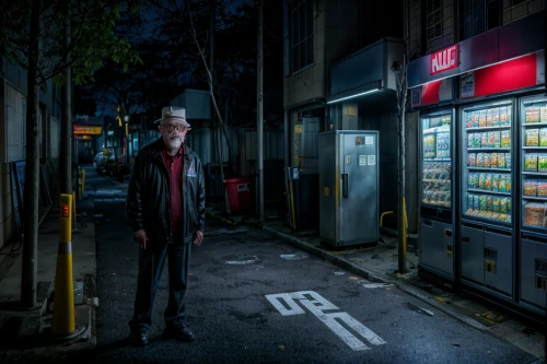 convenience store,laneway,photo session at night,streetlife,street photography,cyberpunk,night photography,conceptual photography,shopkeeper,klaus rinke's time field,tokyo,digital compositing,cash point,soda machine,petrol pump,blind alley,tokyo city,night photograph,parking machine,payphone