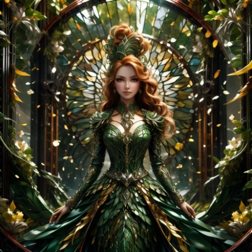 merida,the enchantress,celtic queen,fairy queen,cinderella,fantasy woman,fae,fairy tale character,poison ivy,fantasy picture,rosa 'the fairy,faery,fairy peacock,girl in a wreath,queen cage,green wreath,celtic woman,fantasy art,green aurora,vanessa (butterfly)