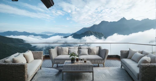 sky apartment,house in the mountains,house in mountains,alpine style,outdoor sofa,above the clouds,penthouse apartment,roof landscape,roof terrace,the cabin in the mountains,over the alps,chaise lounge,living room,high alps,livingroom,block balcony,luxurious,apartment lounge,outdoor table,with a view