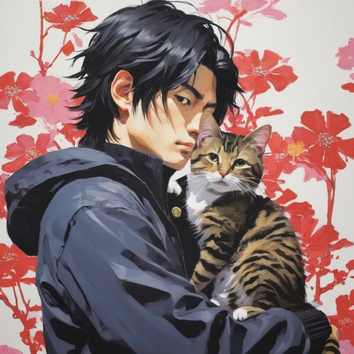 ritriver and the cat,cat lovers,cat child,two cats,jiji the cat,young cat,domestic short-haired cat,kitty,the cat,cat mom,cat,human and animal,domestic cat,kitten,ren,pet,stray cat,yukio,purr,katz,Conceptual Art,Oil color,Oil Color 02