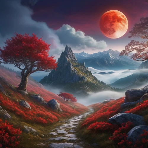 fantasy landscape,fantasy picture,lunar landscape,landscape background,valley of the moon,mountain landscape,blood moon,landscape red,mountainous landscape,volcanic landscape,fantasy art,blood moon eclipse,autumn mountains,mountain scene,moonscape,autumn landscape,nature landscape,the mystical path,moon and star background,phase of the moon,Photography,General,Natural