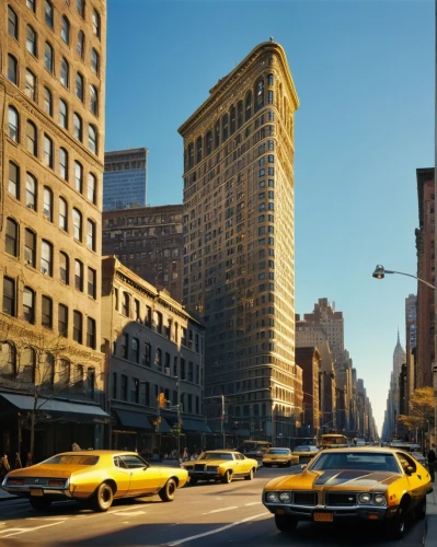 flatiron building,flatiron,chrysler fifth avenue,new york taxi,model years 1958 to 1967,chrysler building,ford motor company,1967,new york streets,1965,yellow cab,60s,1960's,chrysler windsor,1971,chrysler,manhattan,buick park avenue,lincoln motor company,radio city music hall,Illustration,American Style,American Style 02