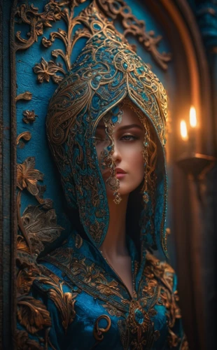 blue enchantress,fantasy portrait,mystical portrait of a girl,cinderella,fantasy art,romantic portrait,magic mirror,3d fantasy,priestess,accolade,masquerade,ornate,the mirror,fantasia,elsa,mirror of souls,sorceress,merida,decorative figure,fantasy picture,Photography,General,Fantasy