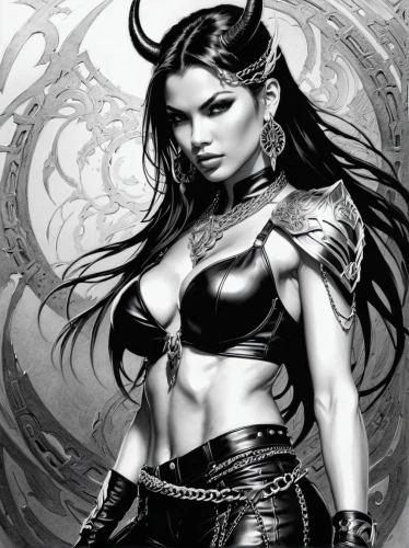 female warrior,dark elf,warrior woman,fantasy woman,huntress,fantasy art,the enchantress,sorceress,swordswoman,heroic fantasy,darth talon,fantasy warrior,dark angel,strong women,hard woman,femme fatale,strong woman,scarlet witch,devil,katana,Illustration,Black and White,Black and White 30