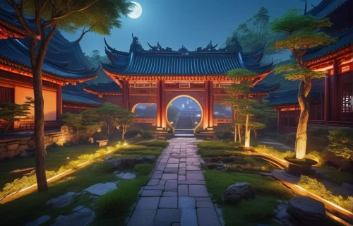 chinese temple,chinese background,white temple,hall of supreme harmony,fantasy landscape,dusk background,japanese shrine,backgrounds,lanterns,zen garden,ancient city,asian architecture,forbidden palace,landscape background,development concept,pathway,hanging temple,cartoon video game background,chinese architecture,illuminated lantern,Photography,General,Realistic