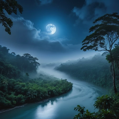 moonlit night,river landscape,moonlit,vietnam,borneo,indonesia,foggy landscape,fantasy picture,blue moon,night indonesia,moon at night,fantasy landscape,mystical,beautiful landscape,landscape background,the night of kupala,valley of the moon,moonlight,blue hour,hanging moon,Photography,General,Natural