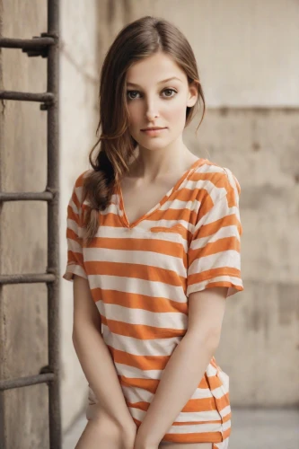 girl in t-shirt,striped background,horizontal stripes,young model istanbul,teen,beautiful young woman,relaxed young girl,young woman,girl in a long,clove,orange,stripes,children's photo shoot,liberty cotton,pretty young woman,orange color,polo shirt,girl sitting,madeleine,cotton top