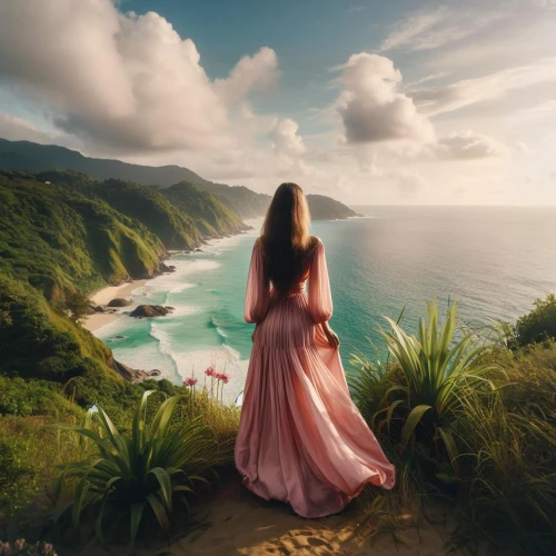girl on the dune,hawaii,girl in a long dress,ocean view,fantasy picture,landscape background,girl in a long dress from the back,cliffs ocean,photo manipulation,beautiful landscape,landscapes beautiful,mountain and sea,the road to the sea,scenic,photoshop manipulation,uluwatu,photomanipulation,oahu,beautiful beach,beautiful beaches