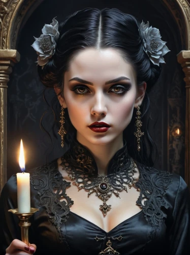 gothic portrait,gothic woman,gothic fashion,vampire woman,black candle,vampire lady,fantasy portrait,gothic style,gothic,sorceress,black rose,dark gothic mood,goth woman,romantic portrait,mystical portrait of a girl,candlemaker,vampire,priestess,lady of the night,dark art,Photography,General,Fantasy