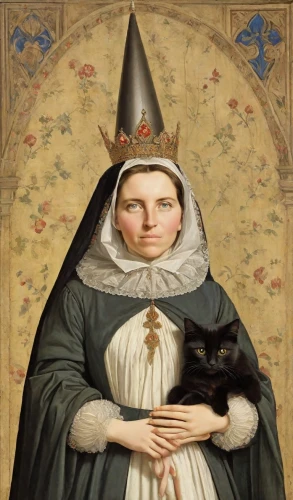 portrait of christi,cat sparrow,woman holding pie,gothic portrait,girl with dog,saint therese of lisieux,the prophet mary,cat european,cat portrait,nun,holbein,joan of arc,cat image,pilgrim,napoleon cat,carmelite order,cat,margaret,mary 1,portrait of a woman,Digital Art,Classicism