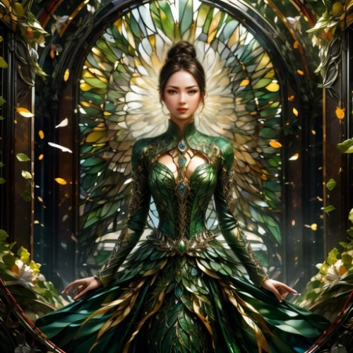 the enchantress,celtic queen,girl in a wreath,fairy peacock,fairy queen,green wreath,fantasy picture,queen of the night,golden wreath,queen cage,elven,katniss,fantasy art,rosa 'the fairy,fantasy woman,green dragon,rosa ' amber cover,faery,fantasy portrait,elven flower