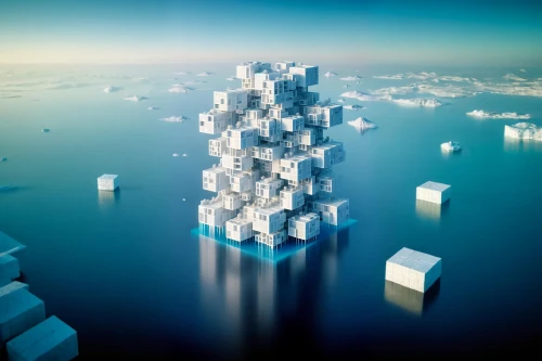cube stilt houses,cube sea,water cube,icebergs,cubic house,floating islands,artificial islands,floating huts,ice castle,diamond lagoon,iceberg,artificial island,very large floating structure,sea ice,building honeycomb,floating island,cubic,tower of babel,ice floes,futuristic architecture