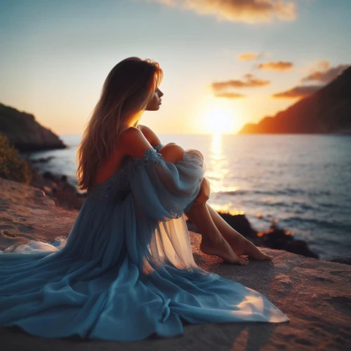 celtic woman,girl in a long dress,enchanting,fantasy picture,girl on the dune,by the sea,mystical portrait of a girl,photo manipulation,sun and sea,mermaid silhouette,robe,sunset glow,photomanipulation,eventide,sea breeze,daybreak,fairytale,romantic portrait,enchanted,passion photography
