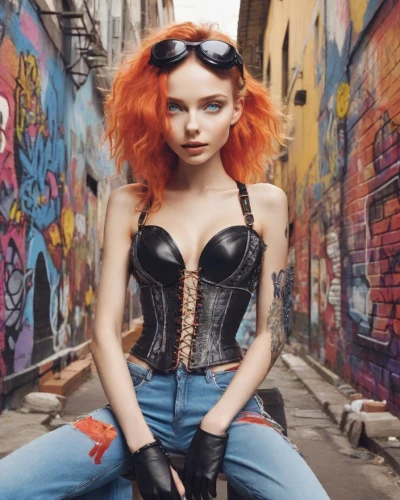 girl in overalls,harley,retro woman,overalls,alley cat,kat,latex clothing,retro girl,harley quinn,pvc,redhead doll,rockabella,bjork,grunge,punk,femme fatale,latex,latex gloves,pixie,orangina,Photography,Realistic