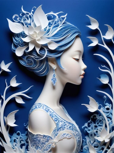 blue and white porcelain,the snow queen,paper art,white rose snow queen,blue snowflake,blue rose,body painting,bodypainting,porcelain rose,blue enchantress,ice queen,porcelaine,jasmine blue,royal icing,blue painting,blue petals,suit of the snow maiden,blue white,glass painting,filigree,Illustration,Realistic Fantasy,Realistic Fantasy 37