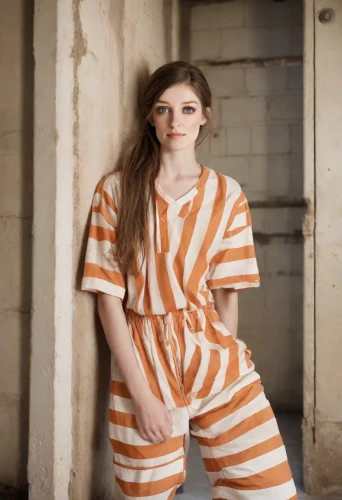 prisoner,onesie,jumpsuit,prison,stripped leggings,pajamas,orange robes,liberty cotton,horizontal stripes,coveralls,yellow jumpsuit,onesies,orange,girl in overalls,pjs,overalls,striped background,photo session in torn clothes,nightwear,workhouse,Photography,Natural