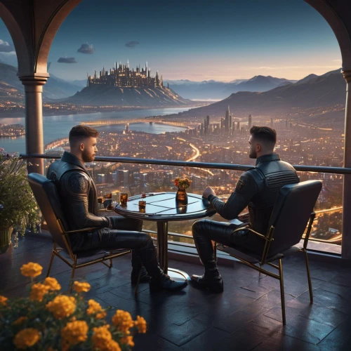 romantic dinner,cg artwork,valerian,balcon de europa,romantic scene,restaurant bern,with a view,roof terrace,dining,romantic meeting,dinner for two,a restaurant,fantasy picture,overlook,lyon,romantic night,men sitting,dining table,bistro,barcelona,Photography,General,Sci-Fi