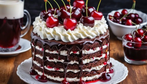 black forest cake,black forest,black forest cherry roll,chocolate layer cake,currant cake,stack cake,cherrycake,red velvet cake,sweetheart cake,bowl cake,layer cake,ice cream cake with chocolate sauce,chocolate cake,torte,red cake,a cake,pepper cake,chocolate desert,sweet cherries,cream cheese cake,Photography,General,Realistic