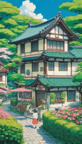 studio ghibli,ginkaku-ji,sakura background,japanese sakura background,home landscape,kyoto,idyllic,ryokan,japanese architecture,japan landscape,tsukemono,aurora village,roof landscape,sakura trees,japanese restaurant,watercolor tea shop,traditional house,sakura,beautiful home,floral japanese,Illustration,Japanese style,Japanese Style 04