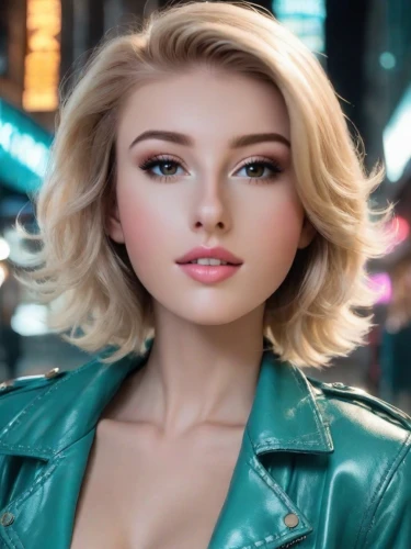 realdoll,leather jacket,barbie,elsa,cool blonde,dahlia white-green,pixie-bob,harley,marylyn monroe - female,airbrushed,barbie doll,doll's facial features,blonde woman,pompadour,green jacket,short blond hair,model,model beauty,model doll,pomade