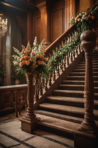 floral decorations,staircase,outside staircase,banister,wooden stair railing,floral arrangement,stairs,winding staircase,flower arrangement,wooden stairs,stairway,stair,wedding decoration,winners stairs,wedding flowers,wedding decorations,flower arrangement lying,flower arranging,circular staircase,stone stairs,Photography,General,Cinematic
