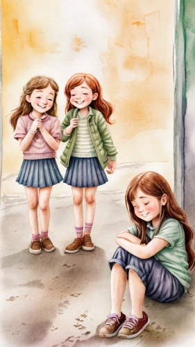 little girls walking,kids illustration,sewing pattern girls,little girls,a collection of short stories for children,watercolor painting,child's diary,watercolor background,watercolor baby items,book illustration,children girls,children's background,little girl dresses,children drawing,watercolor pencils,walk with the children,cute cartoon image,chalk drawing,watercolor paint,three friends