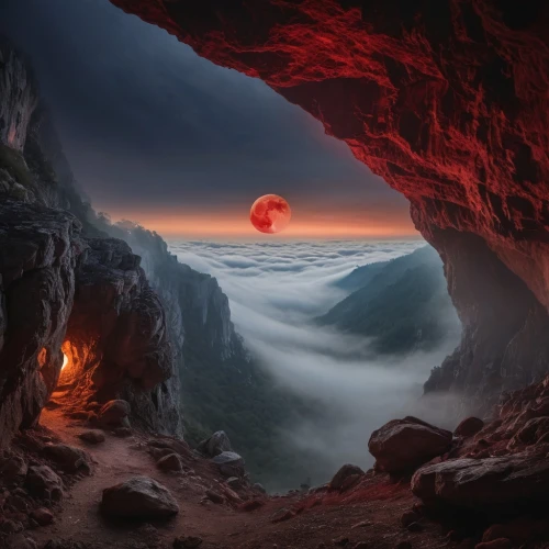 lava cave,sea cave,lava tube,lava flow,cave on the water,blood moon,sea caves,blood moon eclipse,red sun,lava balls,natural arch,red cliff,lava,rock arch,fantasy picture,fantasy landscape,cliffs ocean,moonscape,cave,hole in the wall,Photography,General,Natural