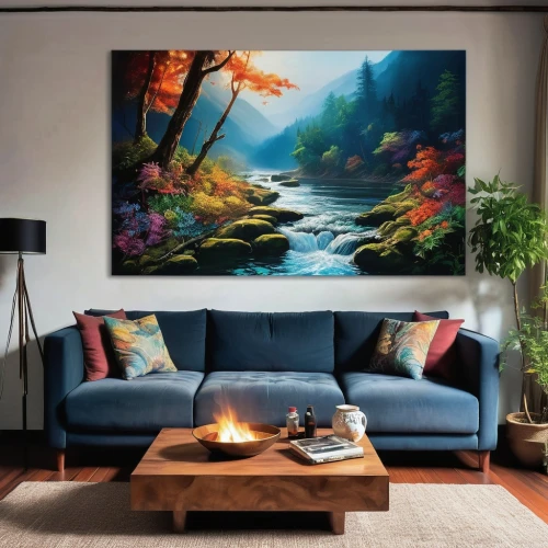 aquarium decor,modern decor,living room,apartment lounge,livingroom,interior decor,contemporary decor,oil painting on canvas,art painting,sitting room,wall decor,autumn decor,paintings,boho art,modern living room,sofa set,landscape background,slide canvas,home landscape,river landscape,Photography,Artistic Photography,Artistic Photography 02