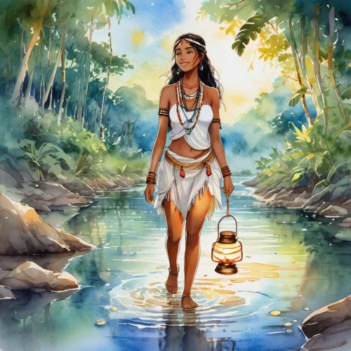 moana,polynesian girl,water nymph,girl on the river,pocahontas,amazonian oils,indian woman,woman at the well,mother earth,indigenous painting,fetching water,indian art,world digital painting,river of life project,polynesian,warrior woman,maya civilization,indian girl,hula,water lotus,Illustration,Paper based,Paper Based 25