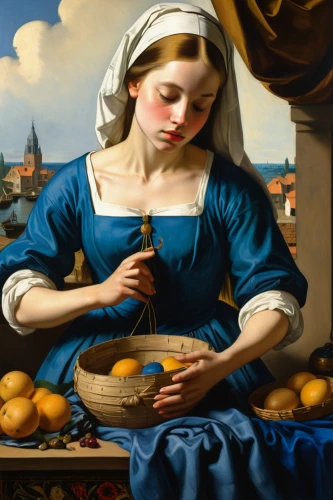 woman holding pie,girl with bread-and-butter,woman eating apple,girl with cereal bowl,girl picking apples,girl in the kitchen,woman with ice-cream,meticulous painting,girl with cloth,woman playing,painting easter egg,italian painter,woman drinking coffee,basket maker,basket with apples,painting technique,milkmaid,colomba di pasqua,painting eggs,girl with a wheel,Illustration,Children,Children 01