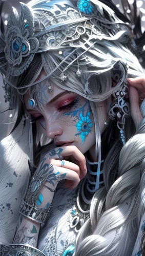 the snow queen,suit of the snow maiden,ice queen,winterblueher,masquerade,fantasy art,white rose snow queen,silvery blue,elven,fantasy portrait,amano,the carnival of venice,winter dream,silver blue,eternal snow,silvery,frost,hoarfrost,filigree,ice crystal
