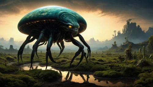 apiarium,phage,alien planet,alien world,bacteriophage,arthropod,extraterrestrial life,sci fiction illustration,colony,invertebrate,alien invasion,dung beetle,spore,cuthulu,scarab,arthropods,fantasy picture,argus,insect ball,auqarium,Art,Classical Oil Painting,Classical Oil Painting 06