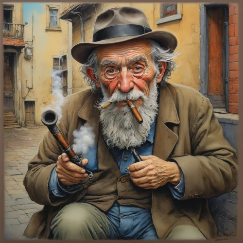 pipe smoking,italian painter,smoking pipe,elderly man,pensioner,geppetto,tobacco pipe,old age,man with saxophone,itinerant musician,trumpet player,violin player,watchmaker,fiddler,oil painting,man talking on the phone,meticulous painting,jew's harp,the flute,blues harp,Conceptual Art,Fantasy,Fantasy 04