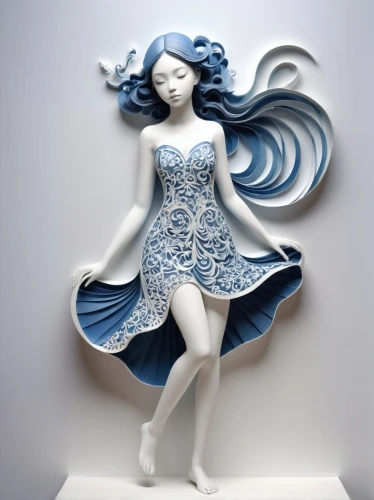 paper art,blue and white porcelain,porcelain rose,water nymph,the sea maid,decorative figure,3d figure,artist doll,woman sculpture,japanese wave paper,plastic arts,blue rose,the wind from the sea,jasmine blue,blue moon rose,allies sculpture,angel figure,blue enchantress,little girl in wind,wind wave,Illustration,Realistic Fantasy,Realistic Fantasy 15