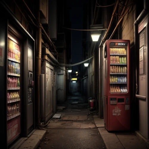 convenience store,alleyway,alley,liquor store,grocery,narrow street,blind alley,shopkeeper,laneway,old linden alley,soda shop,vending machines,store fronts,soda machine,candy store,pantry,shinjuku,grocer,vending machine,minimarket