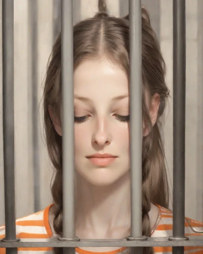 prisoner,prison,arbitrary confinement,captivity,portrait of a girl,the girl's face,young woman,barred,girl portrait,girl in a long,relaxed young girl,child portrait,in custody,david bates,oil painting,detention,metal grille,mystical portrait of a girl,long bars,child's frame