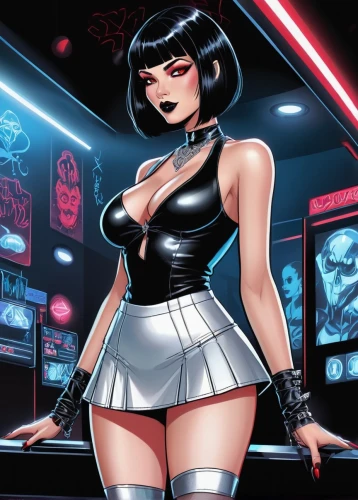 vader,katana,femme fatale,cg artwork,bad girl,retro diner,darth talon,barmaid,cybernetics,sci fi,black widow,pinball,cinema strip,strip,red robin,princess leia,cyber,darth vader,bob cut,comic book,Illustration,American Style,American Style 13