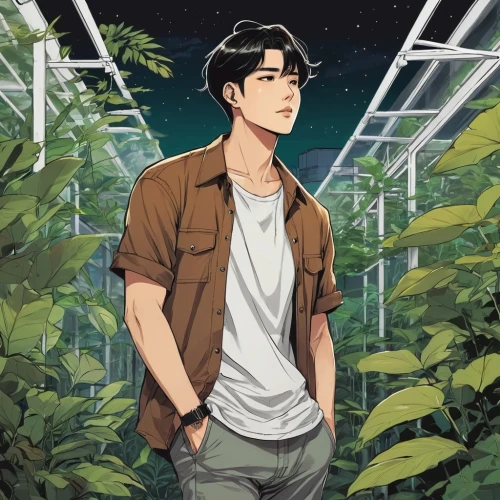 greenhouse cover,exo-earth,greenhouse,nature and man,chen,in the tall grass,gardening,flower dome,garden of eden,tobacco the last starry sky,bamboo forest,forest man,bamboo,greenhouse effect,forest background,crop plant,jungle,overgrown,greenery,gardener,Illustration,Japanese style,Japanese Style 06