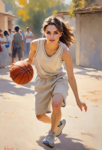 woman's basketball,basketball player,outdoor basketball,basketball,basket,streetball,sports girl,street sports,traditional sport,girls basketball,basketball shoe,basket maker,playing sports,woman playing,girl in a historic way,wall & ball sports,little girl running,women's basketball,girl with a wheel,youth sports,Digital Art,Impressionism