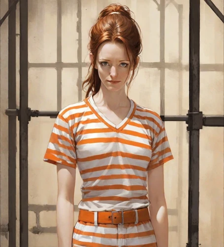 prisoner,clary,horizontal stripes,queen cage,prison,liberty cotton,a uniform,handcuffed,clove,clementine,detention,orange,david bates,girl in t-shirt,tied up,isolated t-shirt,portrait of a girl,tilda,croft,pippi longstocking,Digital Art,Comic