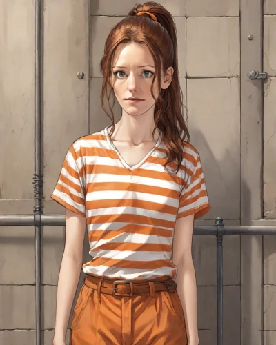 girl in overalls,prisoner,overalls,girl portrait,clementine,portrait of a girl,worried girl,nora,digital painting,lilian gish - female,girl in t-shirt,pippi longstocking,pigtail,vanessa (butterfly),rust-orange,cinnamon girl,young woman,a uniform,prison,the girl at the station,Digital Art,Comic
