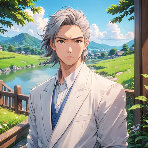 yamada's rice fields,the groom,husband,farm background,groom,japanese floral background,groom bride,portrait background,butler,adonis,romantic portrait,kado,kinomichi,landscape background,handsome,beautiful frame,bridegroom,apple orchard,male character,violet evergarden,Anime,Anime,Traditional